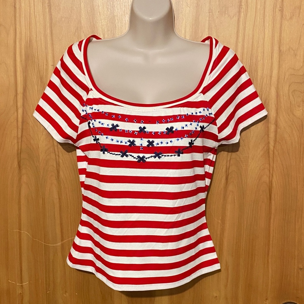 Anthropologie Red and White Striped Tee with Embroidery